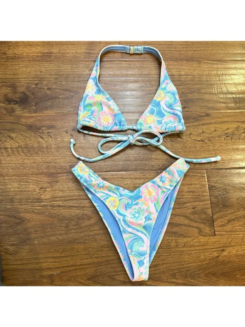Frankie's Bikinis Enzo Terry Cheeky Bikini Bottom and Harlow top in sunshower S